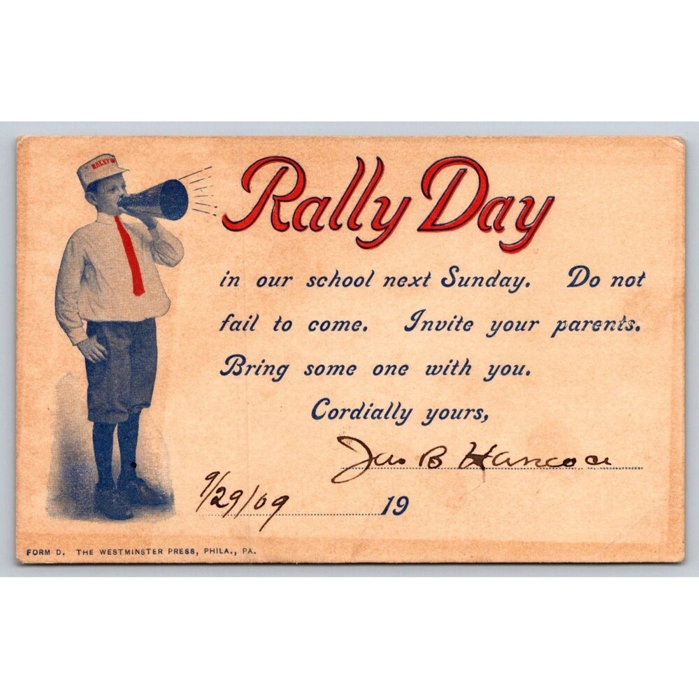 1909 Rally Day Postcard Boy with Megaphone Westminster Press Georgetown CO Post